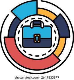 A colorful suitcase with a lock on it. The suitcase is surrounded by a circle with different colored sections