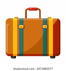 Colorful suitcase with wheels and straps on white background