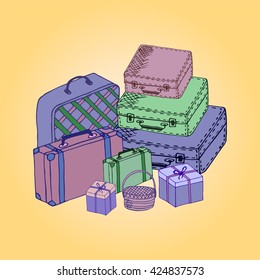Colorful suitcases and boxes on a colored background.