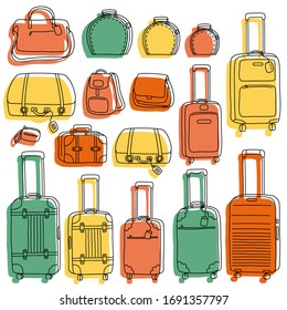 Colorful suitcases in doodle style. Hand drawn travel bags collection. Set with baggage, backpack, briefcase, luggage, tag. Isolated sketch vector illustration on white background