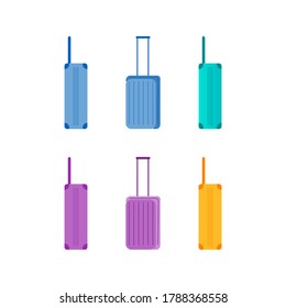 Colorful suitcases flat color vector object set. Luggage side and front view for travel. Voyage baggage isolated cartoon illustration for web graphic design and animation collection