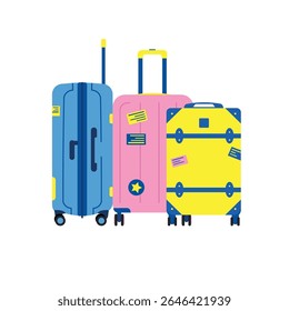 Colorful Suitcases Vector – Travel Luggage Set Illustration,Flat vector illustration of three colorful suitcases in pink, blue, and yellow with travel stickers. Modern cartoon style