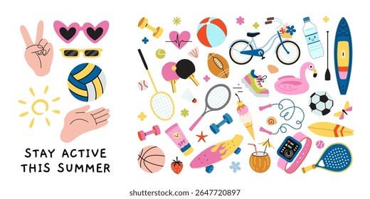 Colorful summer activity icons set with sports equipment, beach items and fitness symbols. Trendy modern vector illustration isolated on white background, hand drawn, flat design
