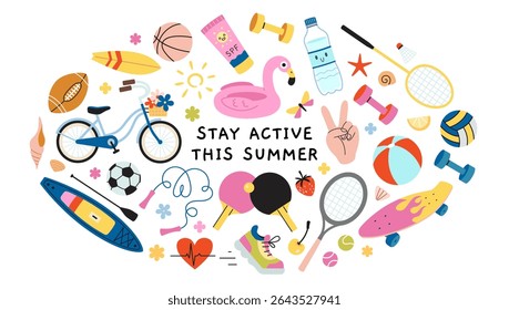 Atividade colorida de verão Composição redonda com equipamentos esportivos, itens de praia e símbolos de fitness. Moderna ilustração vetorial isolado no fundo branco, desenhado à mão, design plano