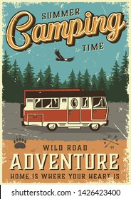 Colorful summer adventure poster with travel truck on forest landscape in vintage style vector illustration