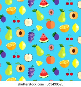 colorful summer and autumn fall fruit pattern wallpaper background in flat design style with light bright blue background