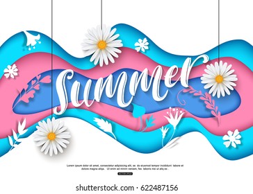 Colorful summer background cut paper flowers, hanging daisy for banner, poster, brochure, beauty and fashion design. Vector illustration