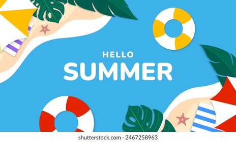 Colorful summer background design. Summer banner with umbrella, swimming ring, leaves, starfish. Summer tropical vacation. Vector illustration