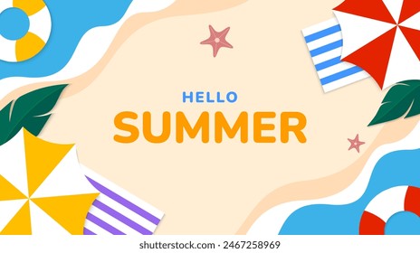 Colorful summer background design. Summer banner with umbrella, swimming ring, leaves, starfish. Summer tropical vacation. Vector illustration