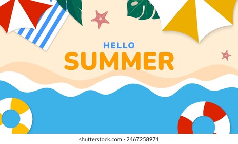 Colorful summer background design. Summer banner with umbrella, swimming ring, leaves, starfish. Summer tropical vacation. Vector illustration