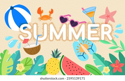 Colorful summer background featuring beach-related icons, tropical fruits, and lush foliage, creating a vibrant and festive holiday atmosphere