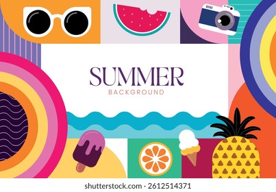 Colorful Summer Background with Fruits, Ice Cream, and Sunglasses