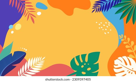 Colorful summer background - horizontal layout banner design. Tropical leaves template for poster, flyer or greeting card. Vector illustration.