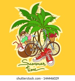 Colorful summer background with isolated icons