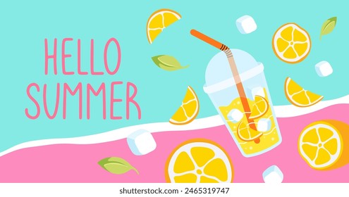 Colorful Summer background layout banners design. Horizontal poster with lemonade, lemons and lettering. Hello Summer background, greeting card, header for website, sale. Vector flat illustration.