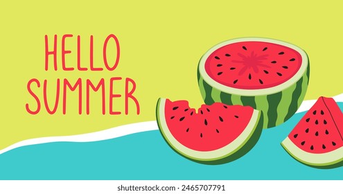Bunte Sommer Hintergrund Layout Banner Design. Horizontales Poster mit Limonade, Zitronen und Schriftzug. Hallo Sommerhintergrund, Grußkarte, Kopfzeile für Website, Sale. Vektorgrafik flache Abbildung.