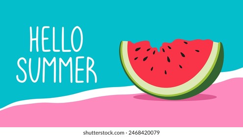 Colorful Summer background layout banners design. Horizontal poster with watermelon and lettering. Hello Summer background, greeting card, header for website, sale. Vector flat illustration.