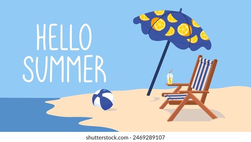 Bunte Sommer Hintergrund Layout Banner Design. Horizontales Poster Sonnenschirm, Strandliege und aufblasbarer Ball. Hallo Sommer Hintergrund, Karte, Kopfzeile für Website, Verkauf. Vektorgrafik flache Abbildung.