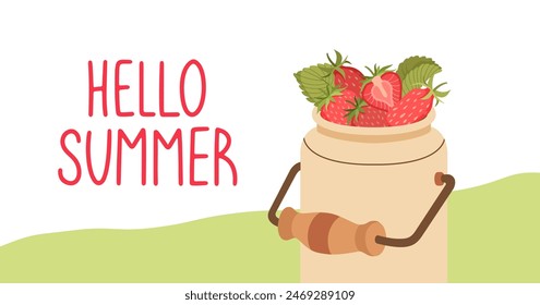 Diseño de Anuncios de diseño de fondo de verano colorido. Cartel Horizontal con lata con fresas y letras. Hola Fondo de verano, tarjeta de felicitación, cabecera para el Sitio web, venta. Ilustración plana de Vector