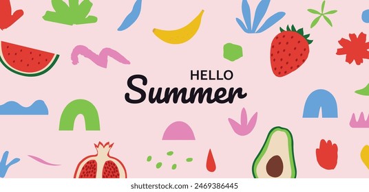 Bunte Sommer Hintergrund Layout Banner Design. Sommer tropisches Design mit Obst, Banane, Erdbeere, Granatapfel bunte Mischung.