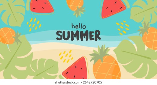 Colorful Summer background layout banners design with summer elements. Horizontal poster, greeting card, header for website, social media. Vector summer illustration.