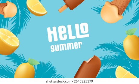 Colorful Summer background layout banners design. Horizontal poster, greeting card, header for website. Summer time sale or hello summer poster with lemons, palm trees and ice cream. Blue sea color