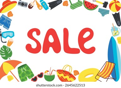 Colorful summer background layout banners design. Horizontal poster with summer elements, sunglasses, camera, swimming ring ideal for frame, background, web design