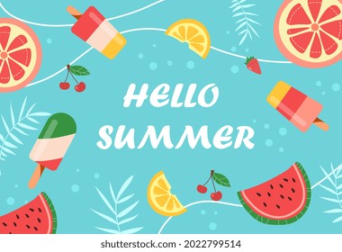 Colorful summer background layout design on light blue background. Cute template for horizontal poster, greeting card, header for any creative use. Flat cartoon vector illustration