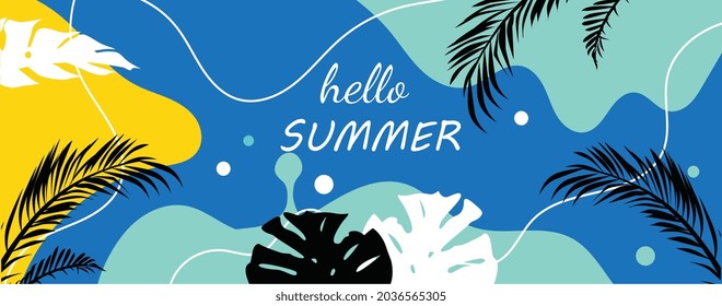 Diseño de fondo de verano colorido con letras de verano. Concepto de afiche horizontal, tarjeta de saludo, encabezado para sitio web o medios sociales. Ilustración vectorial de dibujos animados planos
