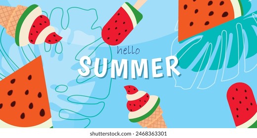 Colorful Summer background layout with tropical leaves, watermelon and ice-cream design, Horizontal poster, greeting card, header for the site. 