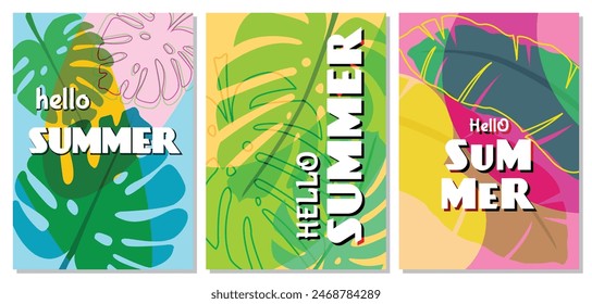 Colorful Summer background layout with tropical leaves design, poster, greeting card, header for the site, Creative concept of summer bright cards set.