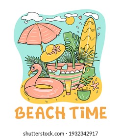 Colorful summer background with lettering. Vacation at the sea. Postcard. Vector illustration.