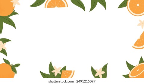 Colorful summer background with orange slices, leaves and flowers. Exotic summer frame with place for text. Vector flat illustration for banner, poster with bright modern design.