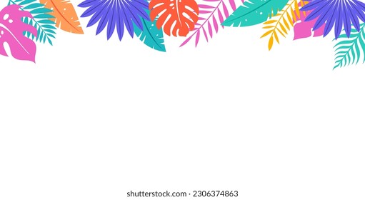 Colorful Summer Background, poster, banner. Summer time fun and clean design with tropical leaves