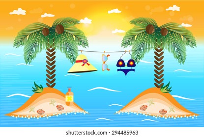 Colorful, summer background, poster with sky with sun and clouds, sea with two islands with green, palm trees, clothesline with hanging hat, sunglasses, swimsuit