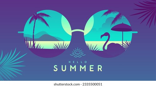 Colorido fondo de verano con gafas de sol redondeadas y paisaje tropical de playa. Ilustración del vector