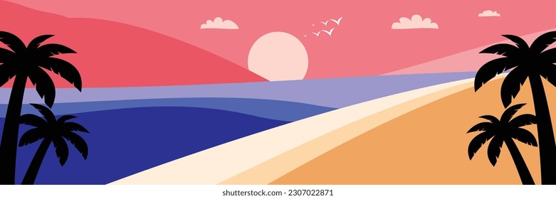 colorful summer background with sunset shades and palm tree icons. vector illustration for promotional banners, greeting cards, posters, social media and web.