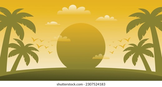 colorful summer background with sunset shades and palm tree icons. vector illustration for promotional banners, greeting cards, posters, social media and web.