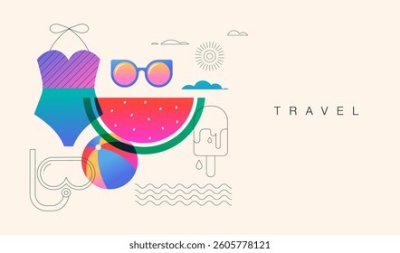 Colorful summer background with swimsuit, watermelon, sunglasses and beach ball. Bright modern vector illustration with color gradient.
