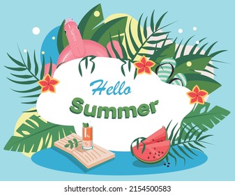 Colorful summer background with tropical leaves, watermelon, cocktail and book. Hello summer. Vector illustration.