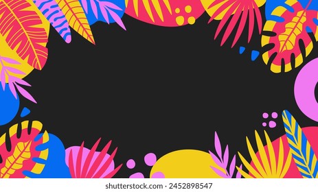 Colorful summer background with tropical leaves. Black horizontal backdrop with vibrant colored branches, organic shapes. Trendy botanical border frame. 1920 x 1080 ratio. Vector illustration.