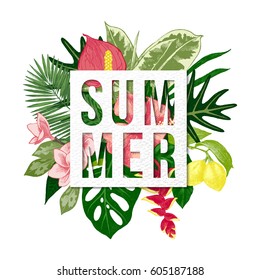 Colorful summer background with tropical plants and flowers