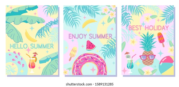 Colorful summer backgrounds with palm leaves, swimming ring, ball, cocktail, ice cream and fruits. Fun template collection poster, flyer, beach party invitation or banner vector flat illustration. 