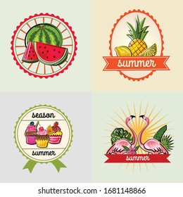 colorful summer badges season doodle style flamingo cupcake exotic fruit