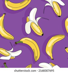 Colorful summer bananas seamless pattern on purple background vector fruit illustration.Cartoon bananas seamless pattern for textile,wallpaper design.