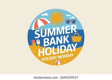 Colorful summer bank holiday circle design with umbrella sun and waves for vacation or monday break event