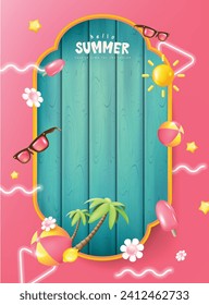 Colorful Summer banner background with Beach Accessories On Blue Plank - Summer Holiday Banner