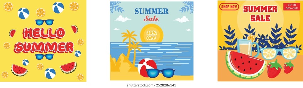 Colorful summer banner background with beach vibes adorning it. Summer shopping event. Hot season discount poster. Set flat vector modern illustration 