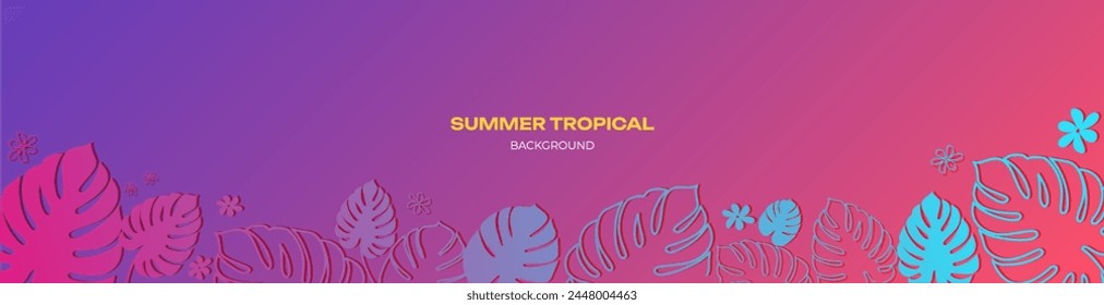 Colorful summer banner, background with tropical plant leaves. Vector illustration