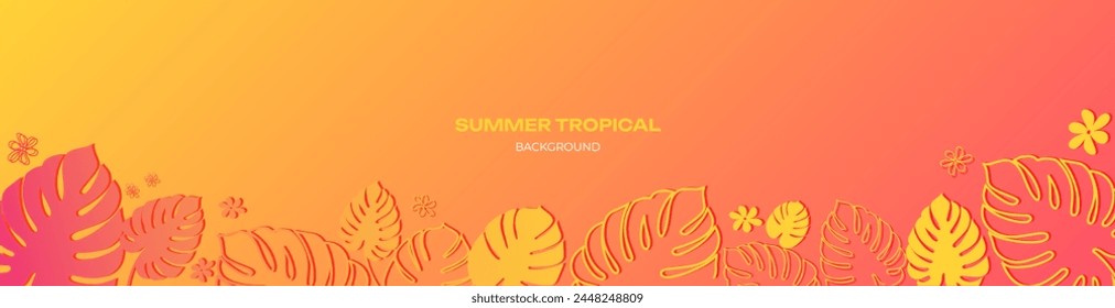 Colorido Anuncio de verano, fondo con hojas de plantas tropicales. Ilustración vectorial